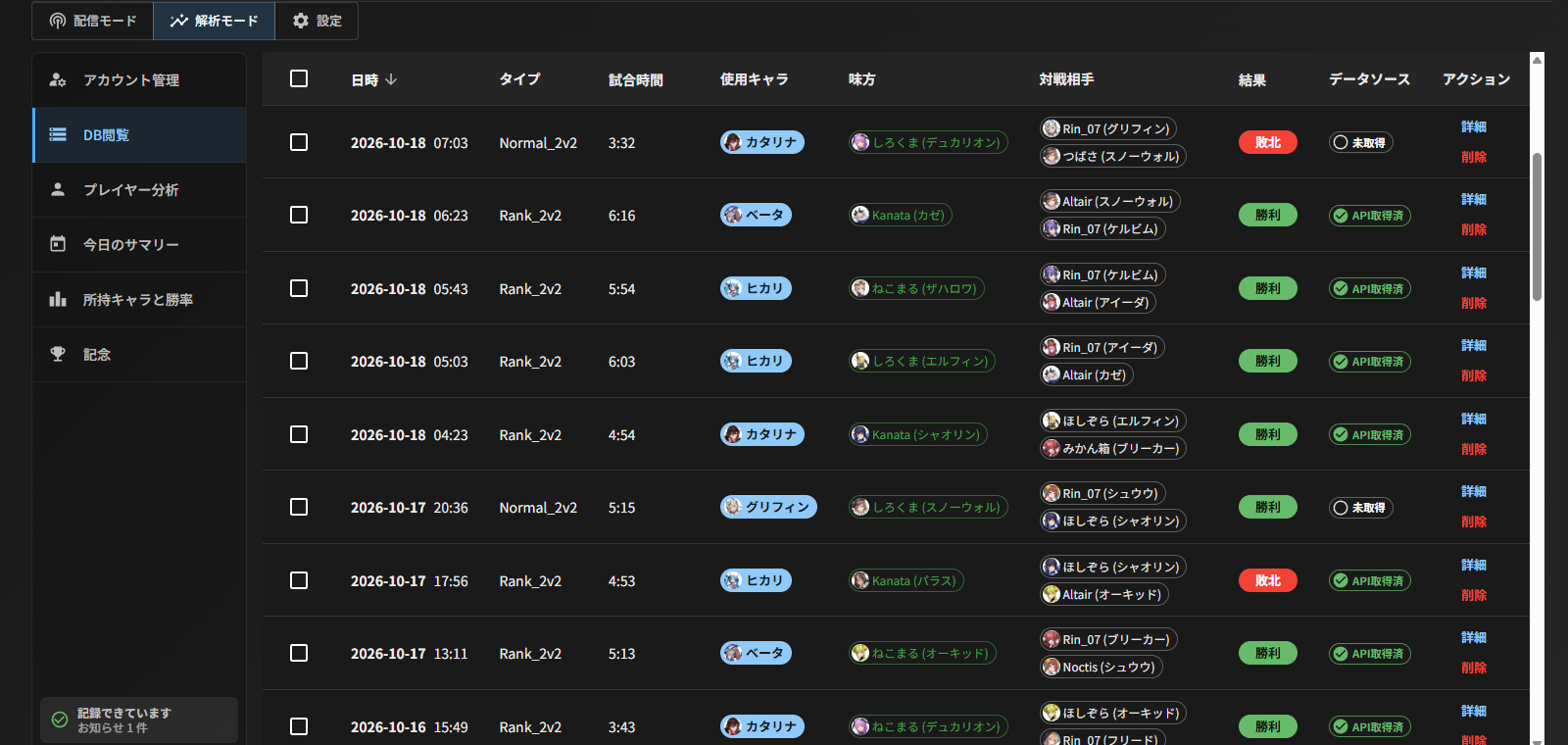 試合一覧の表